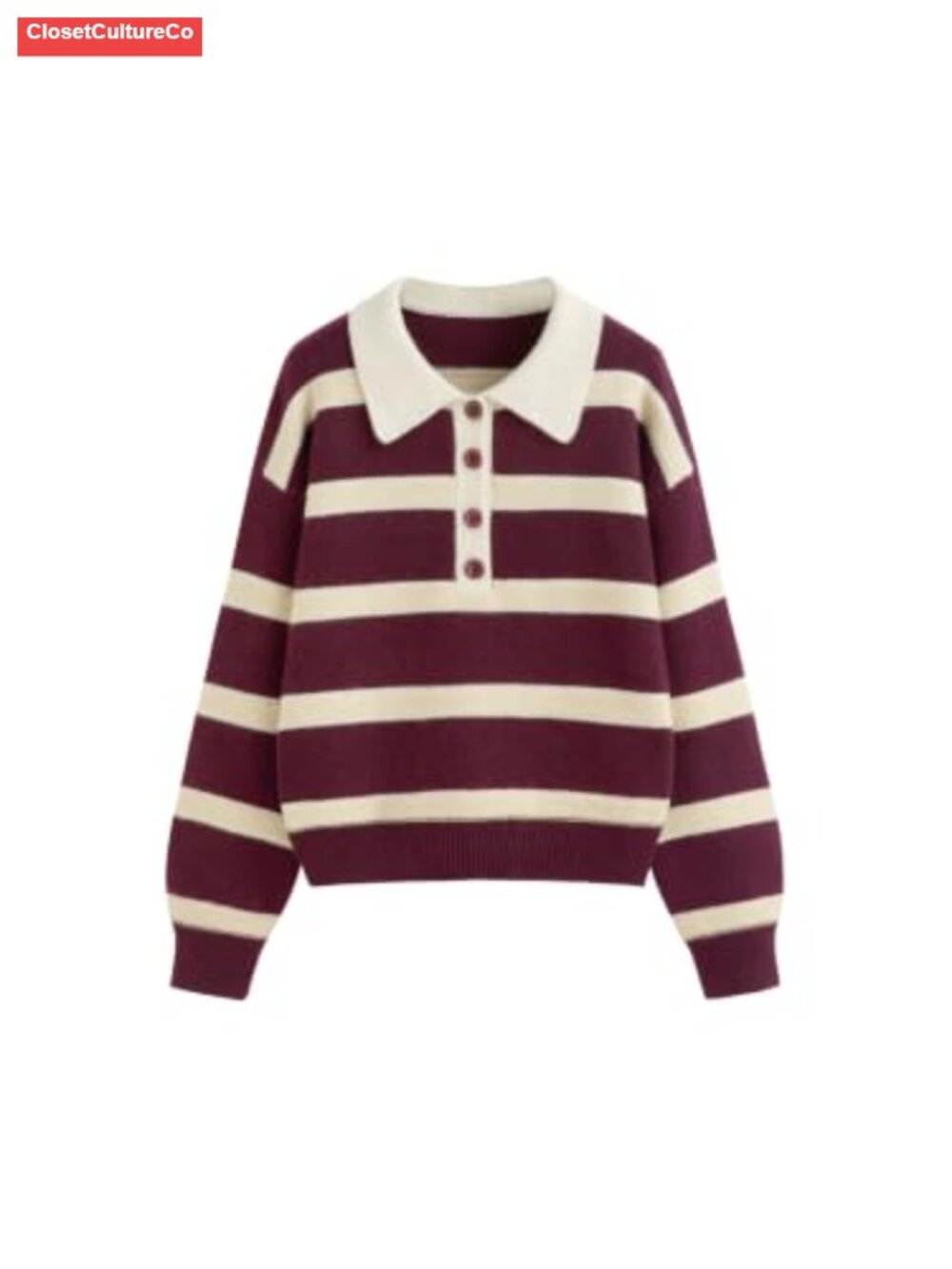 Striped Polo Sweater Half Button Knit Pullover Long Sleeve Casual Top